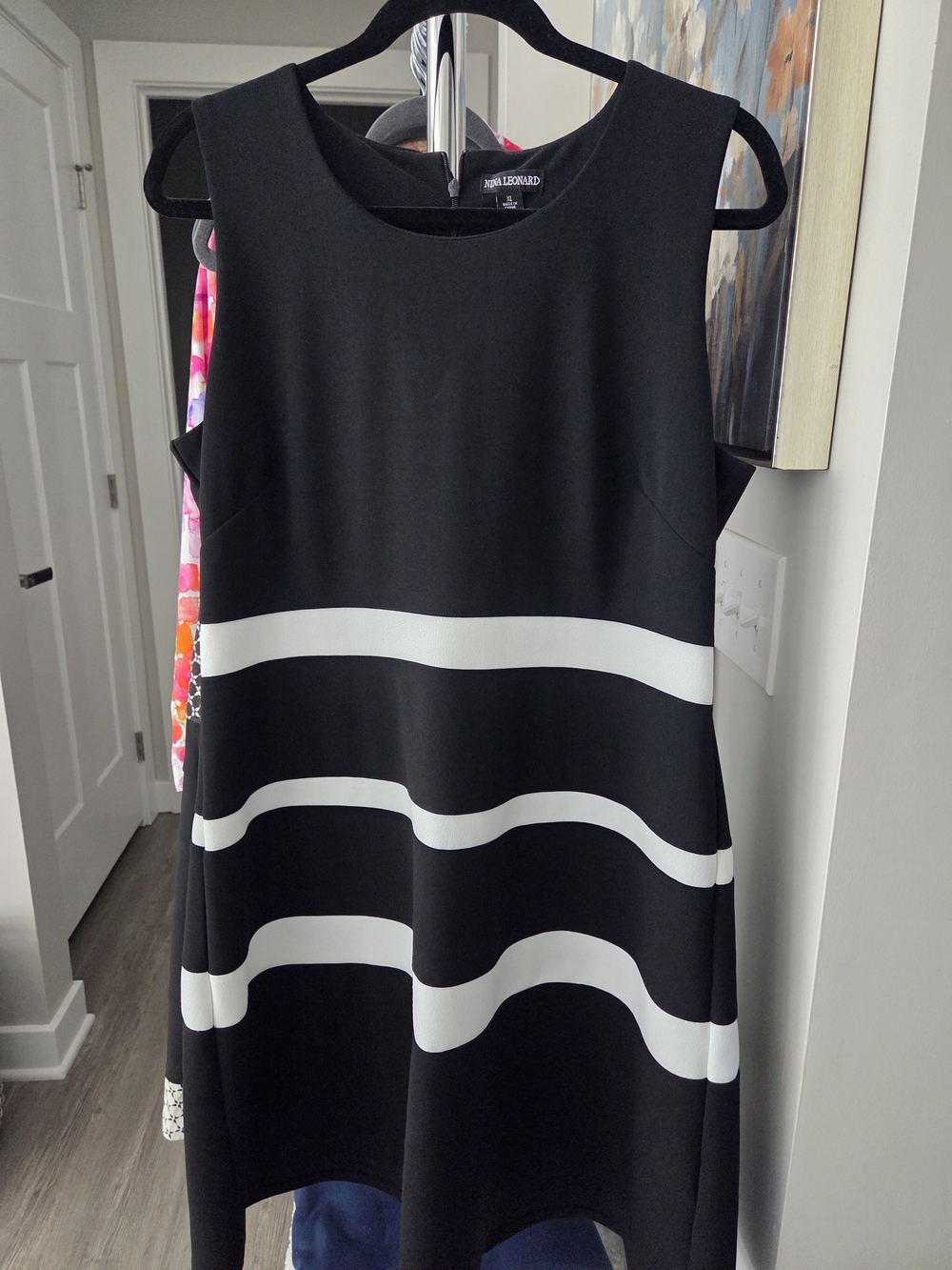 Nina Leonard Black and White Sleeveless Striped Mini Dress